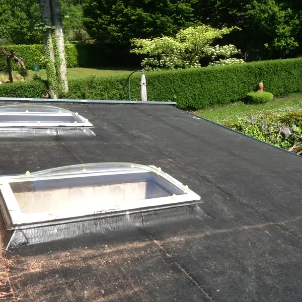 Toiture plate en roofing avec deux coupoles d'éclairage